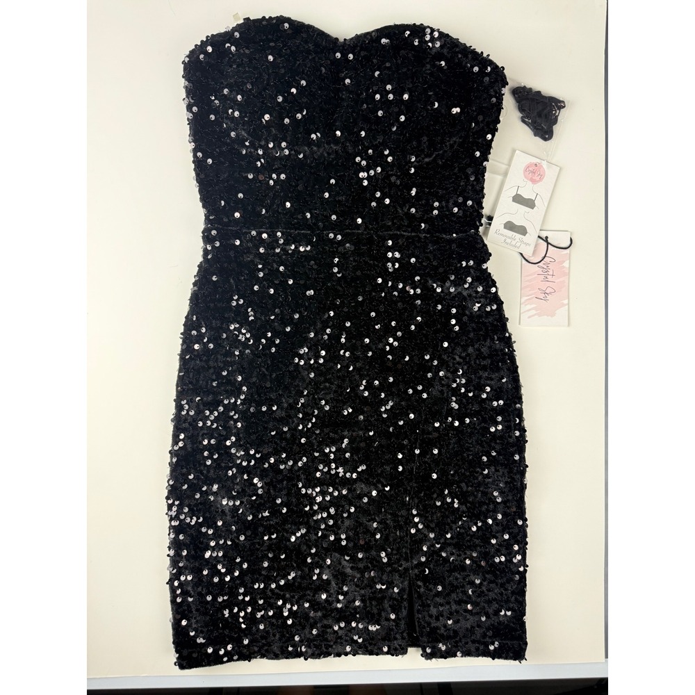 Crystal Sky Black Sequin Strapless Mini Dress Sweetheart Neck XS NEW